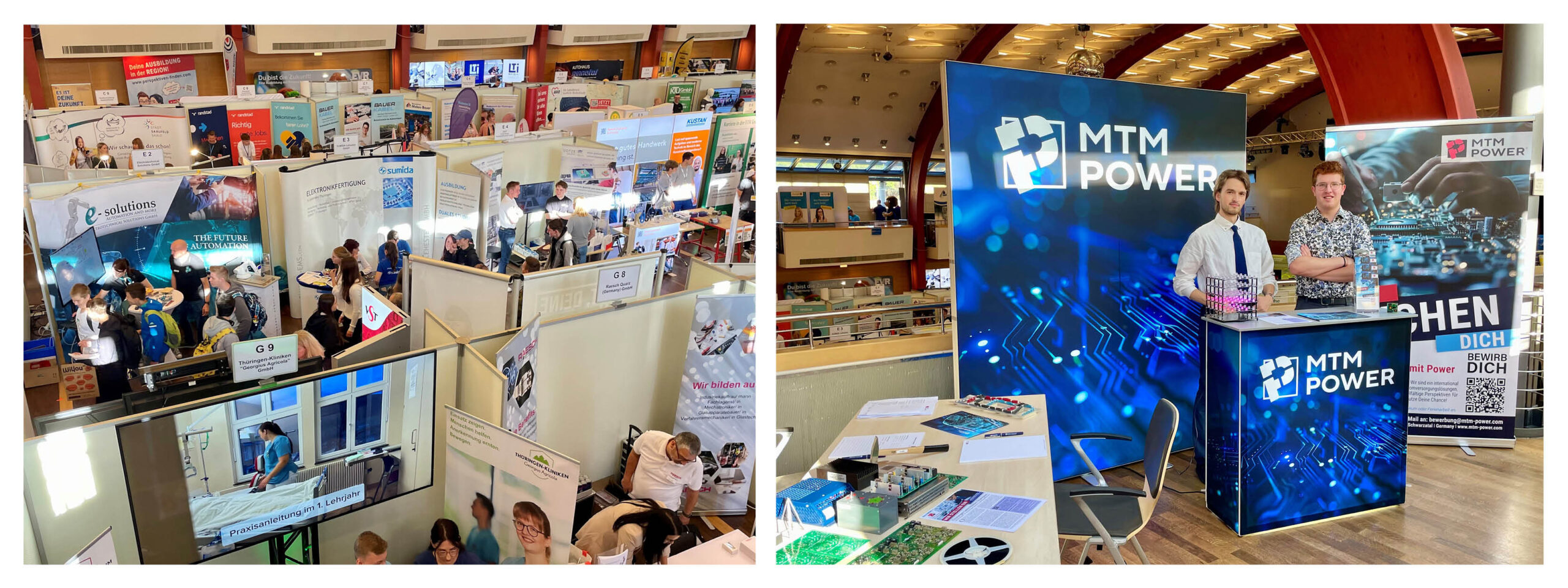 Messe Inkontakt, Blick von der Galerie auf verschiedene Messesttände, Stand MTM Power mit Personal